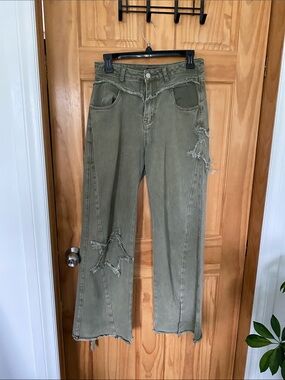 Hot Topic Olive Green Distressed Wide-Leg Jeans